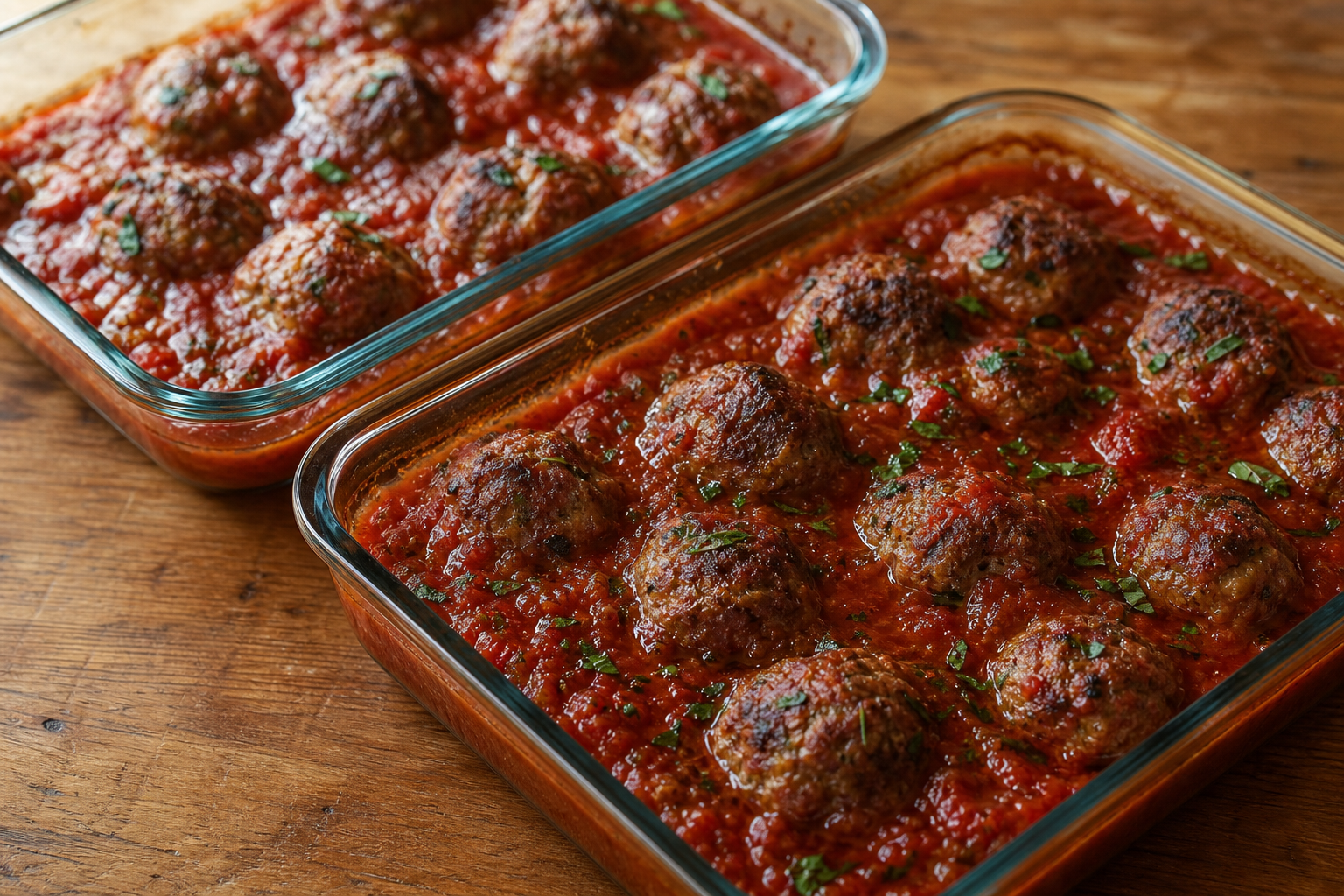 Original image of family-style tomato meatballs in glass meal-prep dishes